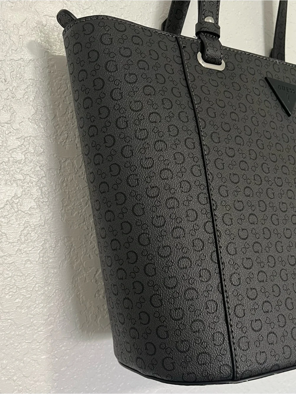 Guess Black Monogram Tote with Triangle Logo Accent